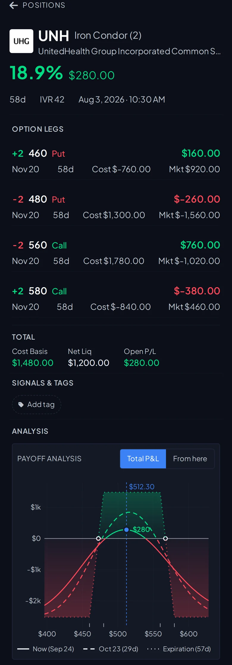 Iron condor detail on a phone: option legs, totals, and the payoff chart