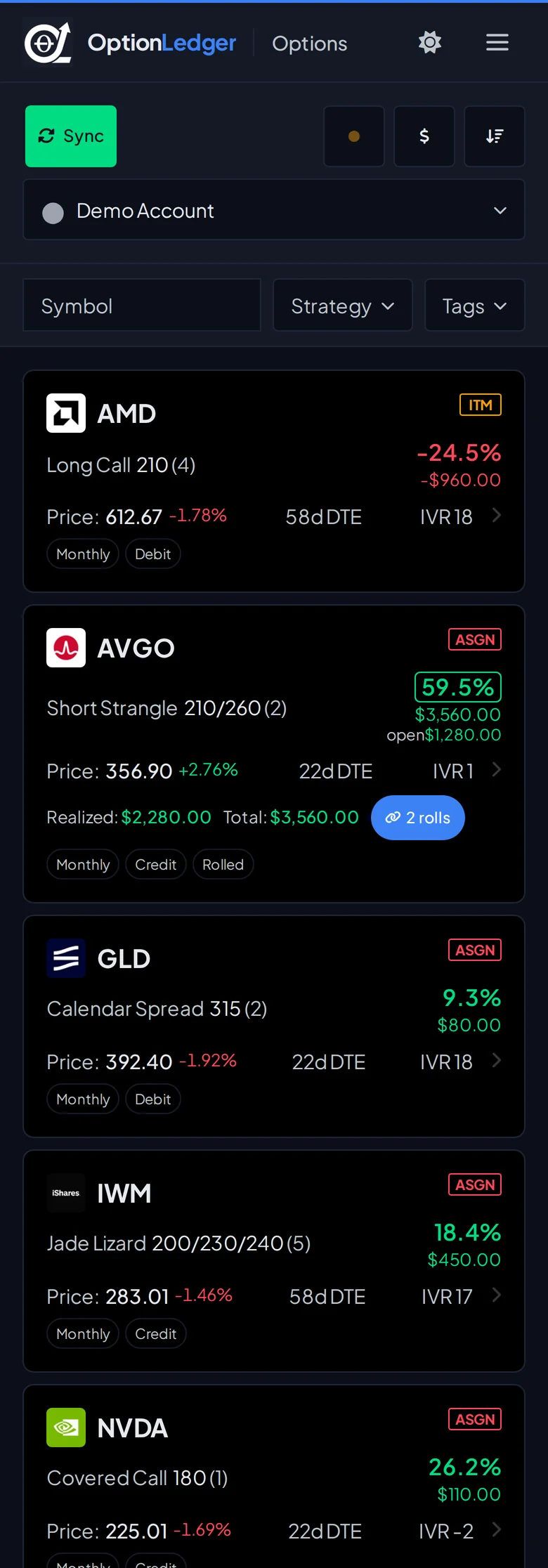 OptionLedger on a phone: position cards with strategy, return, P&L, and roll count